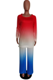 Royal Blue Casual Print Tie-dye O Neck Long Sleeve Two Pieces