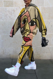 Multicolor Casual Print Patchwork Hooded Collar Long Sleeve Two Pieces