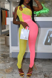 Yellow Fashion Sexy Patchwork Hollowed Out Backless One Shoulder Skinny Jumpsuits