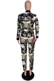 Black Fashion Casual Print Basic Zipper Collar Long Sleeve Two Pieces