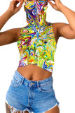 Blue Green Yellow Multi-color rose red multicolor Blends Turtleneck Sleeveless Patchwork Print Slim fit Tie Dye Tops