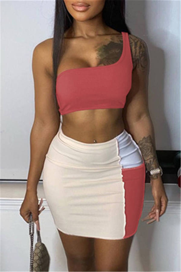 Red Bean Paste Fashion Sexy Solid Split Joint Backless One Shoulder Sleeveless Two Pieces