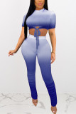 Blue Sexy adult Fashion Ma'am Solid Two Piece Suits Draped Patchwork Gradient pencil Short Slee