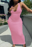 Pink Casual Daily Solid Split Joint V Neck A Line Dresses