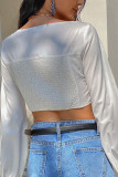 White Sexy Solid Split Joint Square Collar Mid Waist Tops