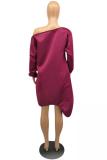Wine Red Sexy Fashion One Shoulder Long Sleeves One word collar Lantern skirt Knee-Length chain Pat