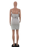 Silver Fashion Sexy Solid Backless Spaghetti Strap Sleeveless Dress