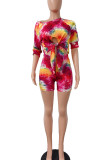Red Casual Tie Dye Bandage Patchwork O Neck Half Sleeve Two Pieces