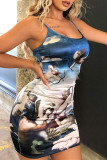 Blue Fashion Sexy Print Backless O Neck Sling Dress