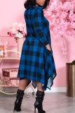 Blue British Style Plaid Turndown Collar Irregular Dress Dresses