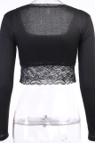 Black O Neck Long Sleeve Patchwork Solid Mesh lace HOLLOWED OUT crop top Tops