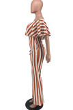 Red Fashion Casual Striped Print Backless Off the Shoulder Regular Jumpsuits