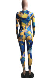 Blue Casual Print O Neck Long Sleeve Two Pieces