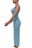 Sky Blue Casual Daily Solid Split Joint V Neck A Line Dresses