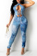 Light Blue Fashion Sexy Print Bandage Hollowed Out Backless Halter Skinny Jumpsuits