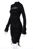 Black Sexy Solid Hollowed Out Draw String Frenulum O Neck Straight Dresses