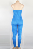 Blue Sexy Casual Solid Backless Strapless Skinny Jumpsuits
