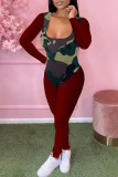 Red Fashion Casual Camouflage Print Patchwork U Neck Skinny Jumpsuits