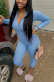 Blue Street Solid Split Joint Mandarin Collar Skinny Jumpsuits