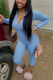 Blue Street Solid Split Joint Mandarin Collar Skinny Jumpsuits