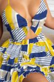 Yellow Blue Sexy Print Bandage Hollowed Out Patchwork Backless Flounce Halter A Line Dresses
