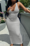 White Casual Daily Solid Split Joint V Neck A Line Dresses
