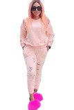 Pink venetian Sexy Two Piece Suits Burn-out Solid pencil Long Sleeve Two-piece Pants Set