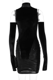 Black Sexy Patchwork Hollowed Out Turtleneck Pencil Skirt Dresses