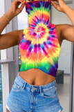 Blue Green Yellow Multi-color rose red multicolor Blends Turtleneck Sleeveless Patchwork Print Slim fit Tie Dye Tops