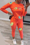 Tangerine Red Sexy Print Patchwork O Neck Long Sleeve Two Pieces