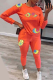 Tangerine Red Sexy Print Patchwork O Neck Long Sleeve Two Pieces