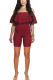 Wine Red Fashion street Ruffled Solid Milk. Short Sleeve one word collar Jumpsuits