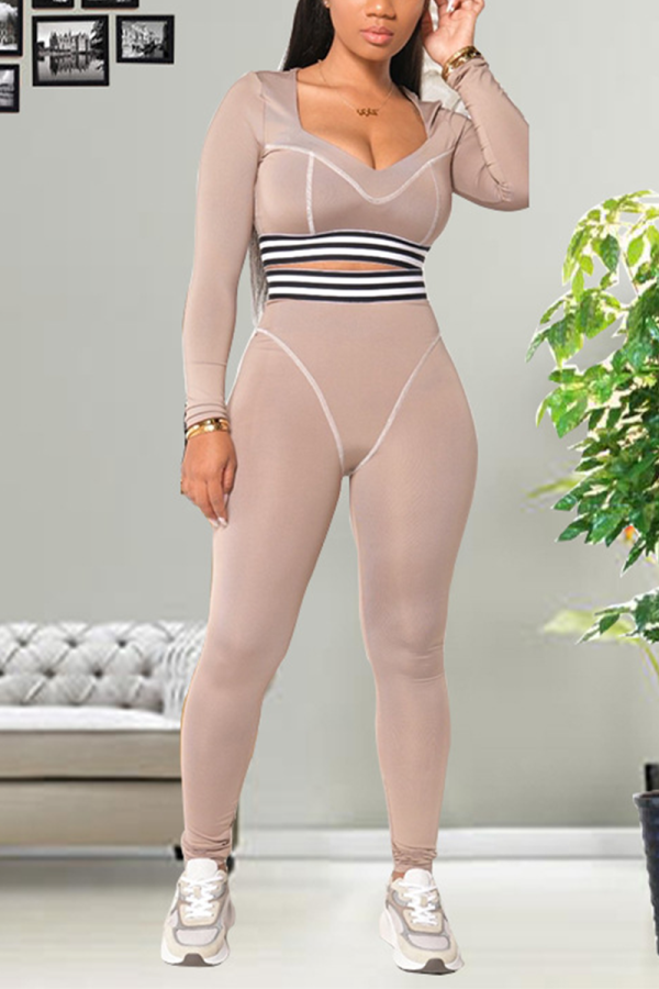 Apricot Sexy Solid Split Joint Square Collar Long Sleeve Two Pieces