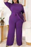 Dark Brown Fashion Casual Solid Backless With Belt Oblique Collar Plus Size Jumpsuits