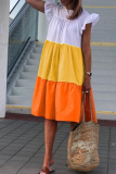 Tangerine Red Casual Color Block Flounce O Neck Cake Skirt Dresses