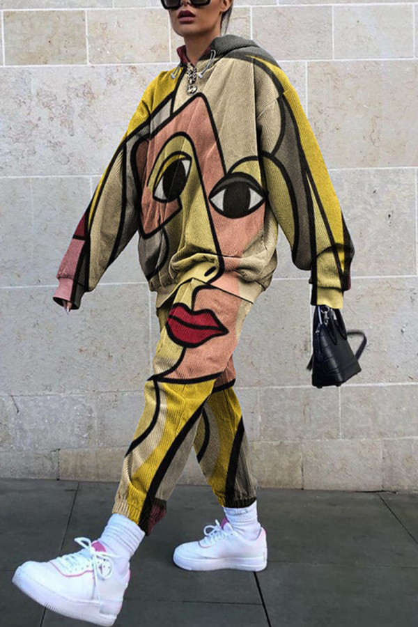 Earth Yellow Fashion Casual Print Basic Hooded Collar Long Sleeve Two Pieces