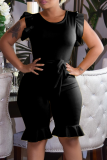 Black Casual Solid Flounce O Neck Regular Rompers