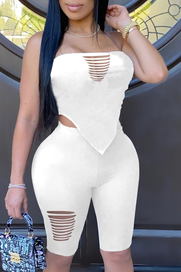 White Casual Solid Ripped Strapless Sleeveless Two Pieces