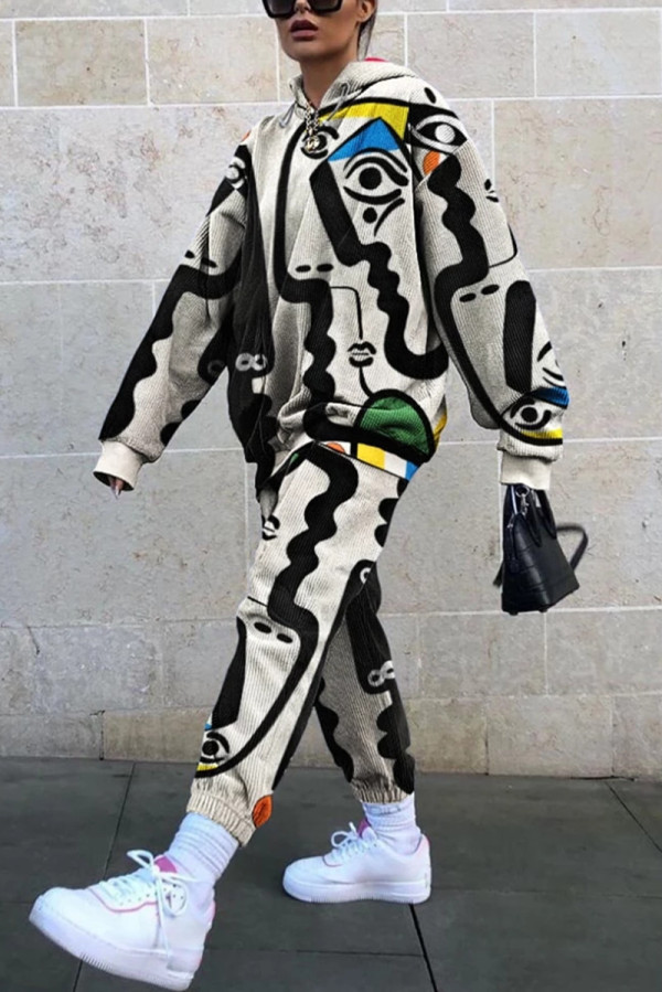 Black White Fashion Casual Print Basic Hooded Collar Long Sleeve Two Pieces