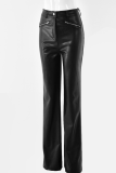 Black Casual Solid Patchwork Straight No(Nonelastic) Mid Waist Straight Bottoms