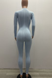 Light Blue Fashion Solid Patchwork Tie-dye O Neck Skinny Jumpsuits