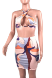 Pink Sexy Print Patchwork Halter Sleeveless Two Pieces