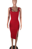 Red Sexy Solid Patchwork Asymmetrical U Neck Pencil Skirt Dresses