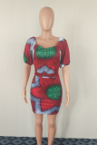 Wine Red Sexy Print Patchwork Bateau Neck Pencil Skirt Dresses