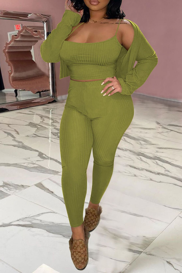 Green Sexy Casual Solid Split Joint Spaghetti Strap Long Sleeve Three Pieces