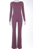 Purple Fashion Sexy Solid Backless O Neck Regular Jumpsuits