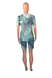 Green Casual Patchwork Tie-dye Hooded Collar Short Sleeve Two Pieces
