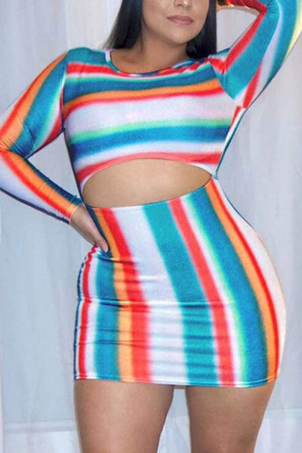 Multicolor Sexy Striped O Neck A Line Dresses