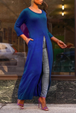 Blue Casual Solid High Opening O Neck Straight Dresses
