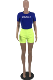Blue Casual Print Letter O Neck Tops